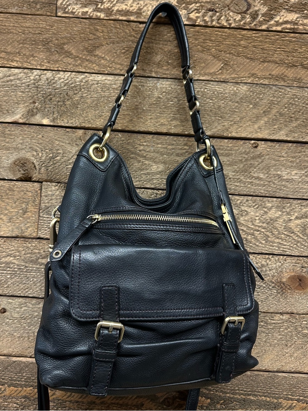 Cole Haan Black Leather Shoulder Bag with Gold Hardware